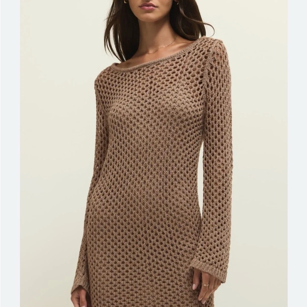 Z Supply Calabrina Shimmer Crochet Long Sleeve Dress in Taupe